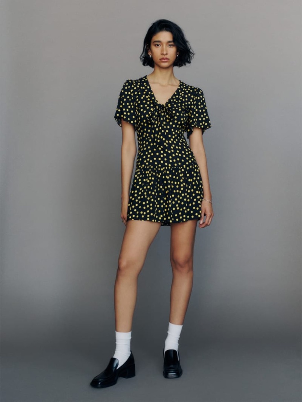 Reformation Adelina Yellow Black Polka Dot Mini Dress (Size 10)